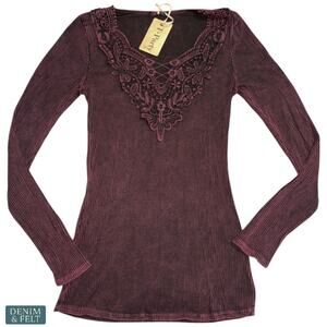 NEW TParty Boutique Plum Lace Front Ribbed Long Sleeve Top Boho Western Vibes